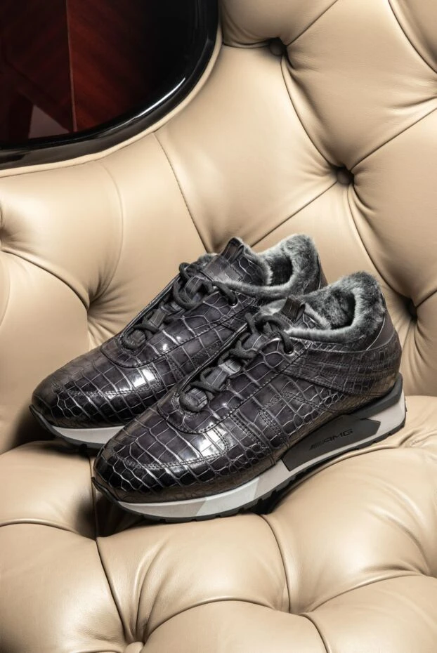 Santoni crocodile leather sneakers with fur lining in graphite tone 165976 - photo 3