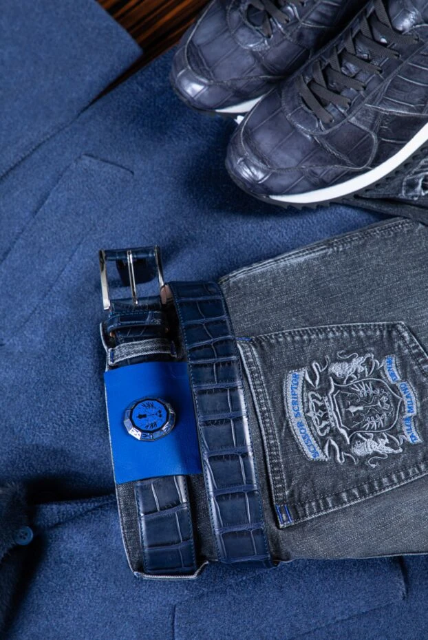 Ремінь із рельєфної шкіри крокодила чорнильно-синій чоловічий - фото 2