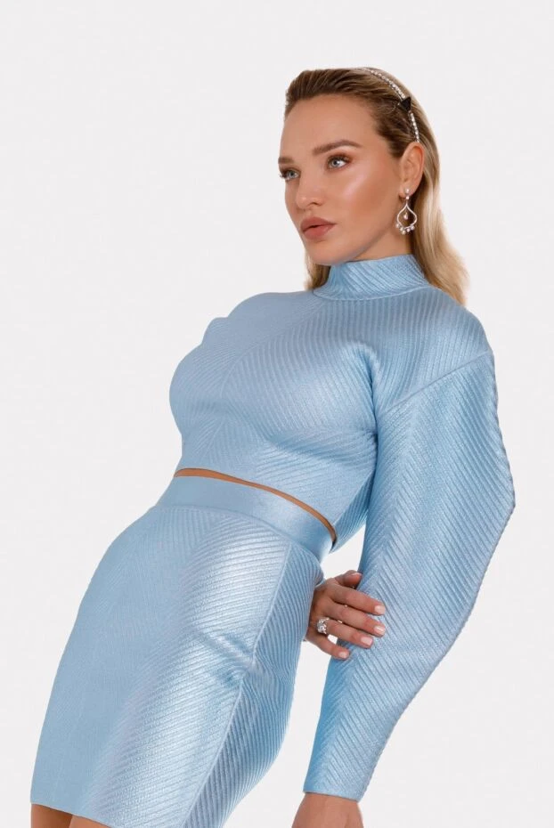 Herve Leger небесно-голубой сет с укороченным топом и мини-юбкой с геометрической текстурой 166178 - фото 2