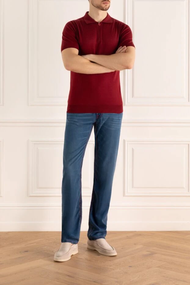 Kiton men's polo shirt with zip collar made of stretch fabric in burgundy 195482 - photo 2