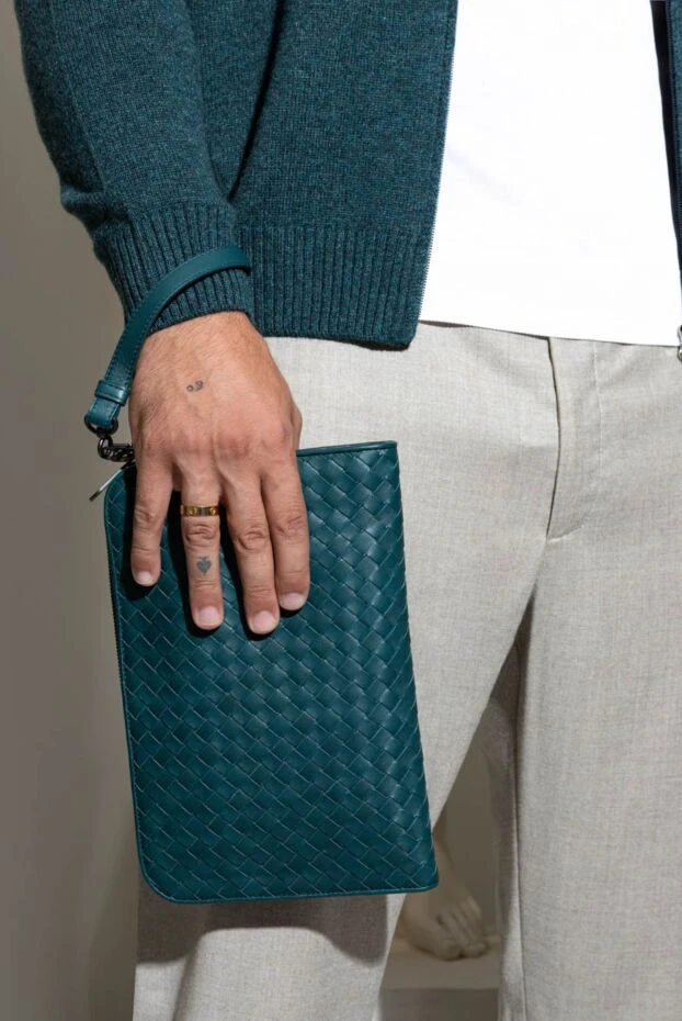 Клатч великий шкіряний Intrecciato Piccolo чоловічий зелений - фото 2