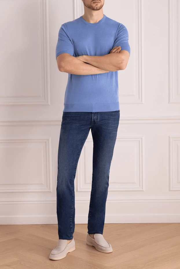 Cesare di Napoli man short sleeve jumper in silk and cotton blue for men buy with prices and photos 166585 - photo 2