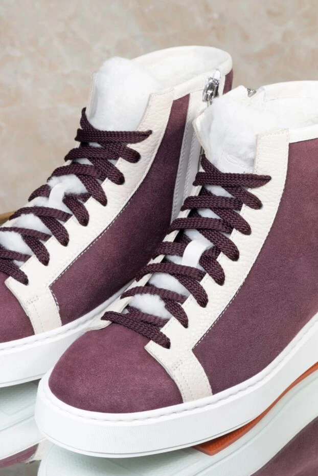 Santoni кеды женские высокие из нубука и меха бордовые 166751 - фото 2
