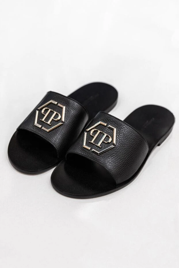 Philipp Plein black genuine leather slippers with voluminous monogram fittings 166847 - photo 2