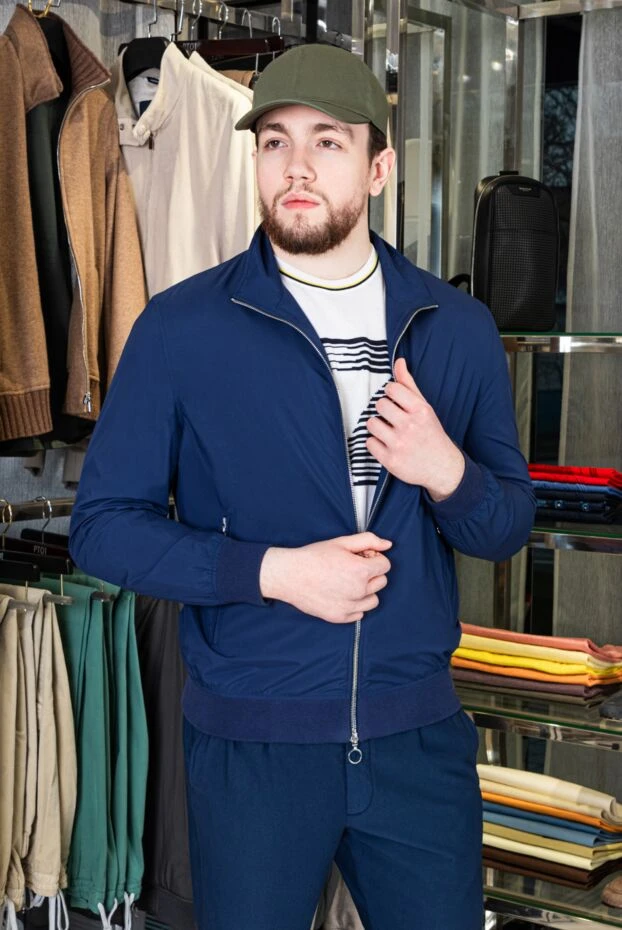 Men's blue zip-up jacket with genuine leather trim - photo 2