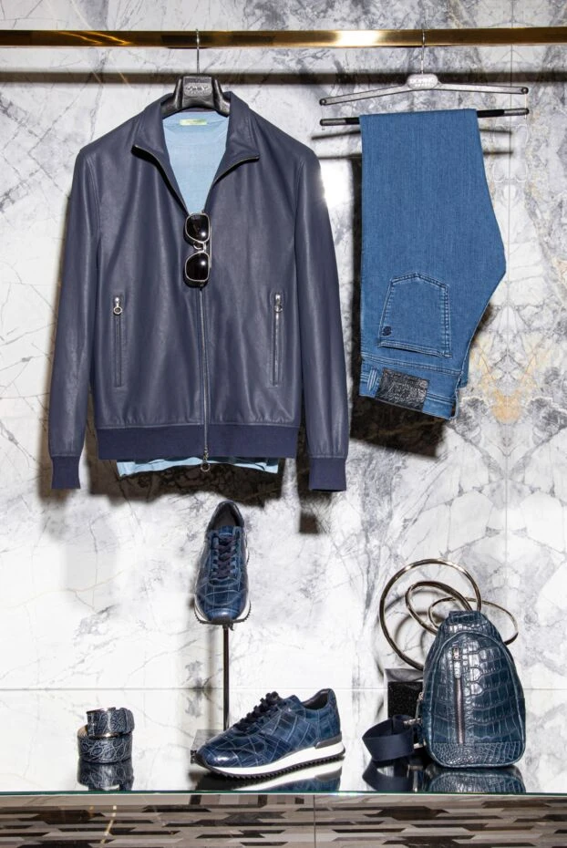 Куртка шкіряна синя з еластичними вставками чоловіча - фото 2