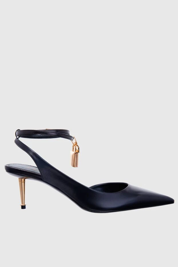 Women's black leather sandals with gold-plated lock