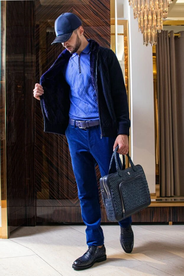 Zilli поло шелковое синее рельефное с кожей крокодила мужское 167539 - фото 2