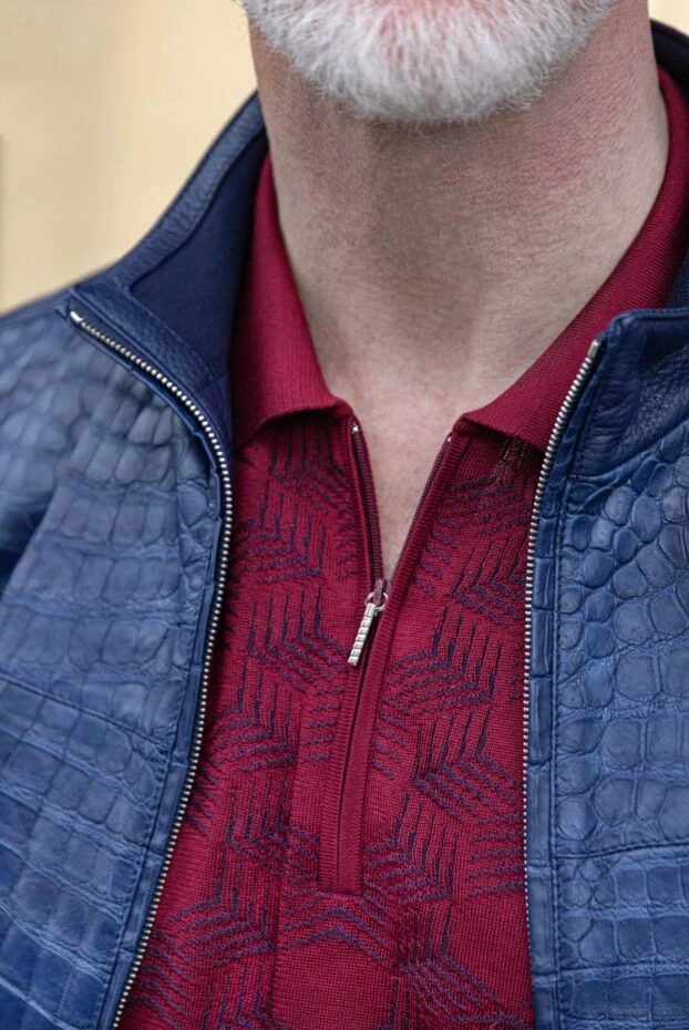 Burgundy silk polo shirt with a structured pattern for men - photo 2