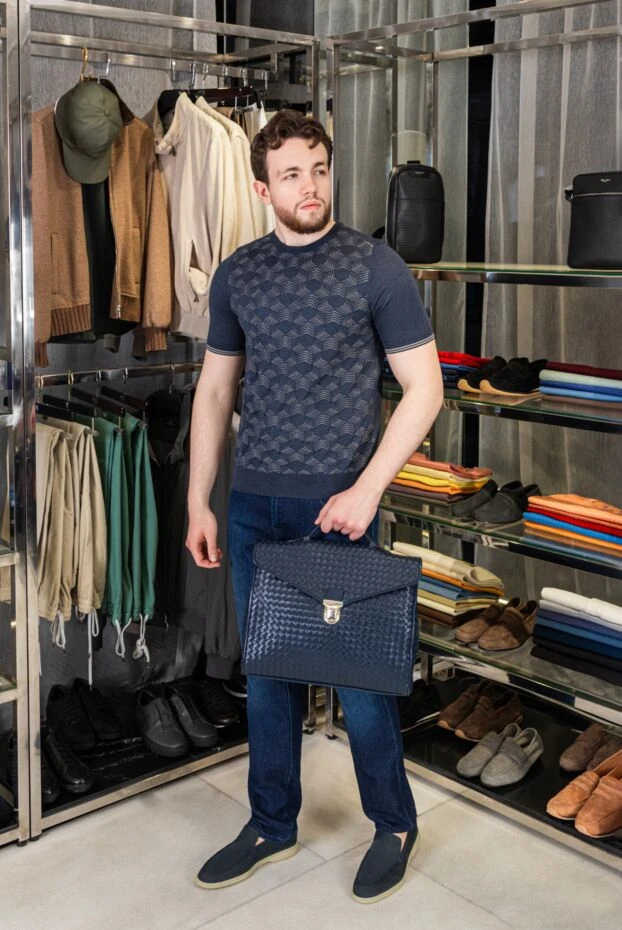 Cesare di Napoli dark purple silk short-sleeve jumper with contrast pattern for men 168420 - photo 2