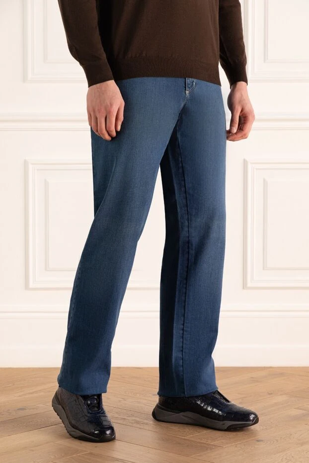 Zilli men's blue cotton jeans with turquoise stitching 197083 - photo 3