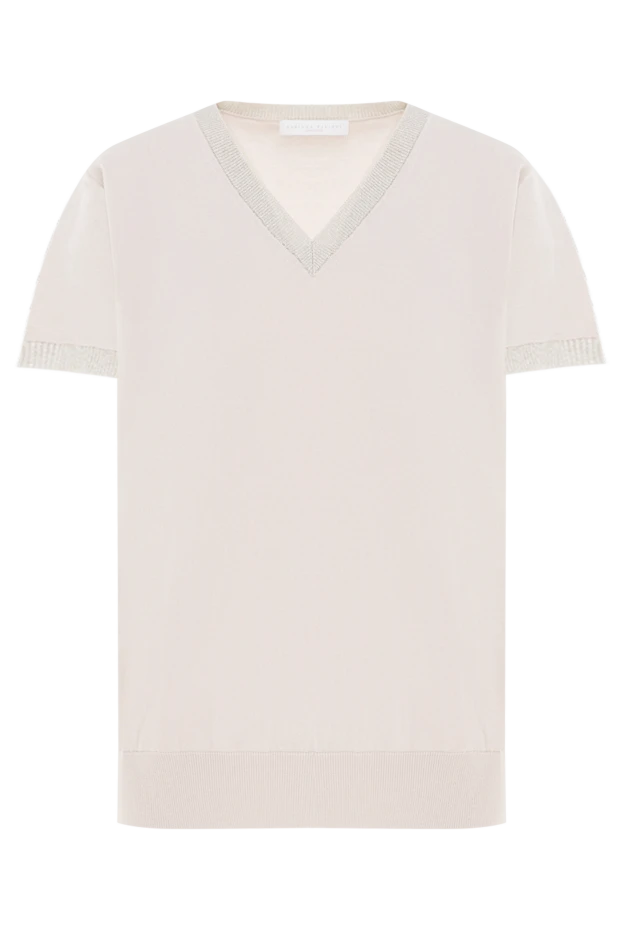 Жіночий бавовняний джемпер світлого відтінку з V-подібним вирізом та трикотажною обробкою - фото 1