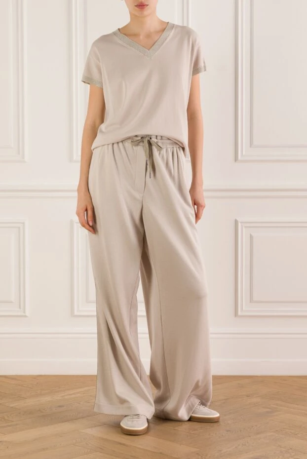 Fabiana Filippi женский хлопковый джемпер светлого оттенка с v-образным вырезом и трикотажной отделкой 168752 - фото 2