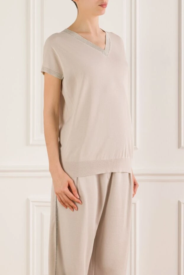 Fabiana Filippi женский хлопковый джемпер светлого оттенка с v-образным вырезом и трикотажной отделкой 168752 - фото 3