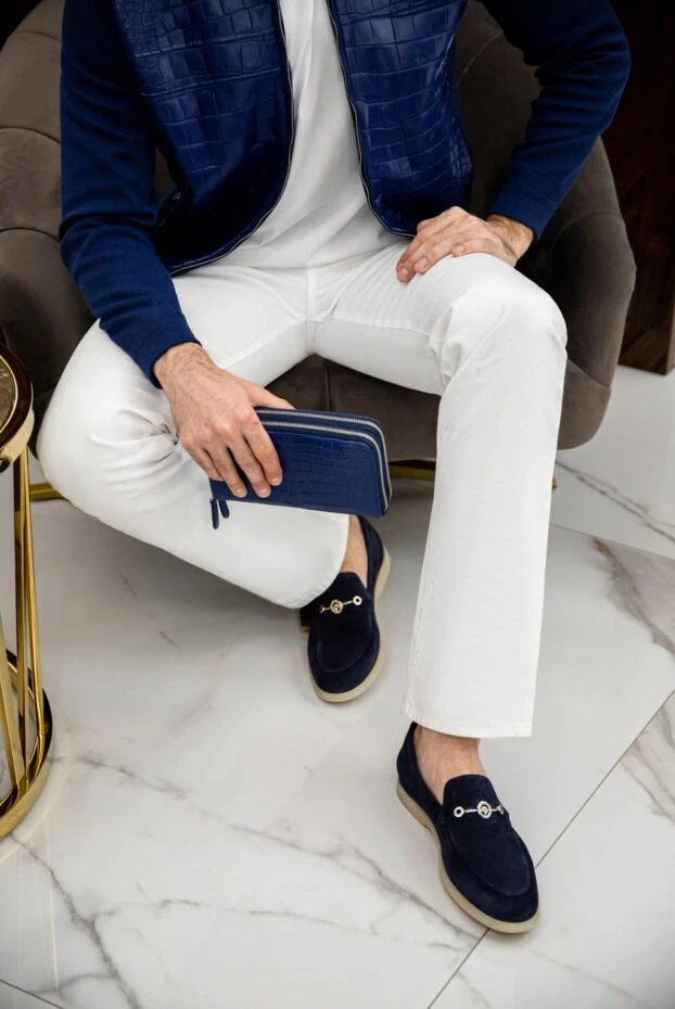 Лоферы из нубука темно синие с металлической фурнитурой - фото 2