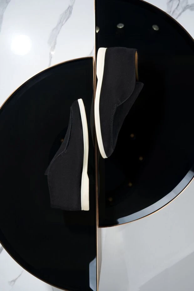 Loro Piana мужские лоферы из натурального нубука чёрного цвета на светлой подошве 170216 - фото 2