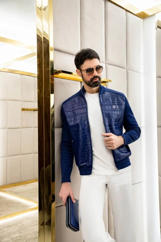 Stefano Ricci куртка з шовку, бавовни та шкіри крокодила синя чоловіча 170483 - фото 2