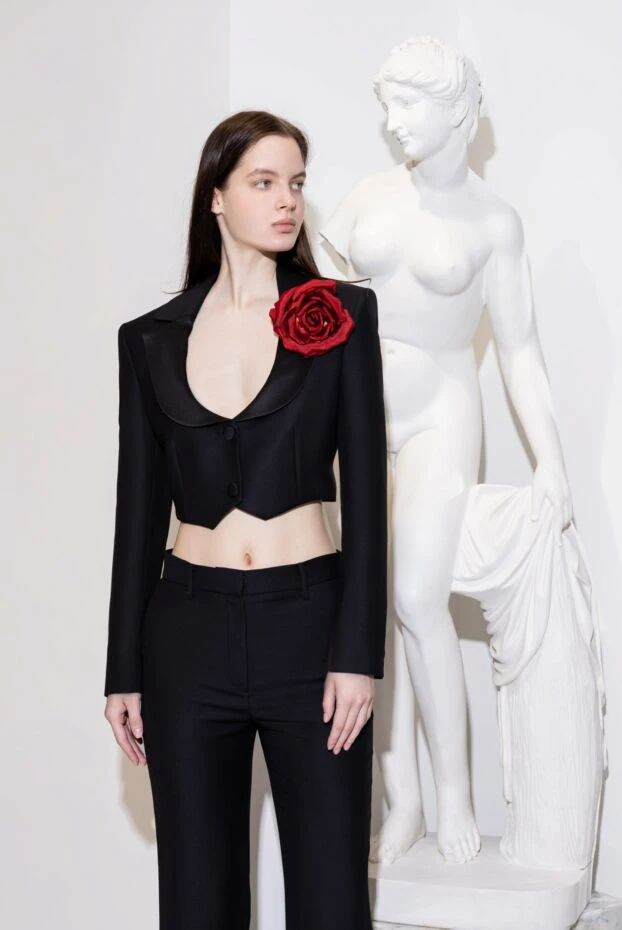 Saint Laurent брошка жіноча шовкова бордова у вигляді об'ємної троянди 170589 - фото 2