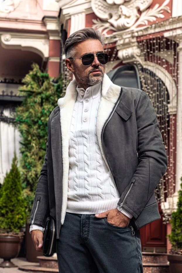 Мужская дубленка из нубука и меха серая - фото 2