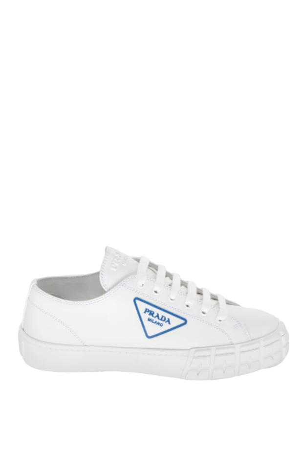 Prada women's leather sneakers with blue logo in white 171445 - photo 1