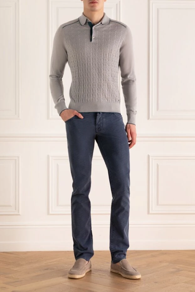 Поло с длинным рукавом из шелка и кашемира серое мужское - фото 2