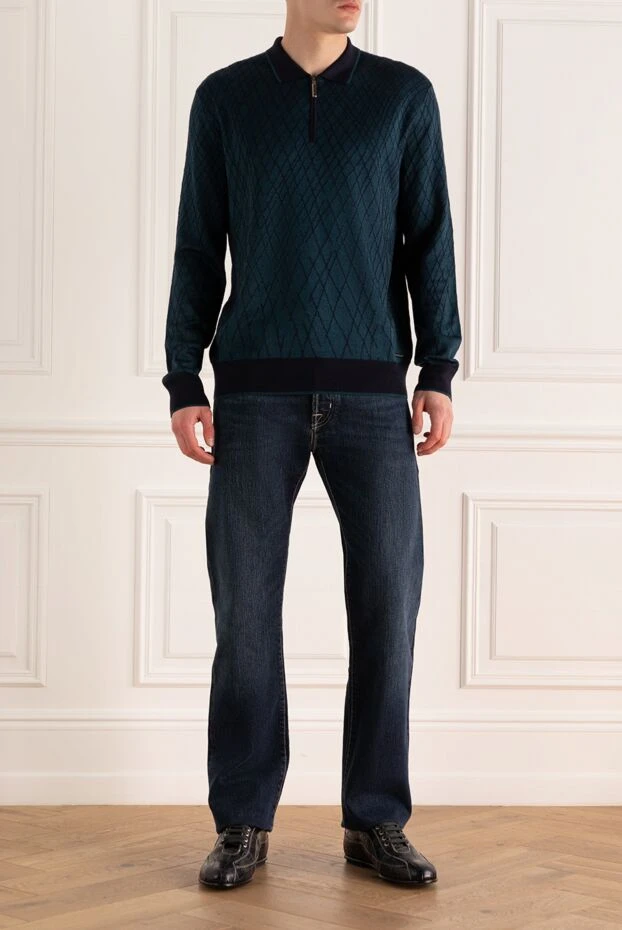 Поло с длинным рукавом из шелка и кашемира синее мужское - фото 2