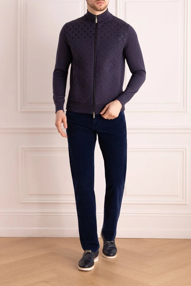 Stefano Ricci men's cardigan made of cashmere, silk and genuine leather blue 172353 - photo 2