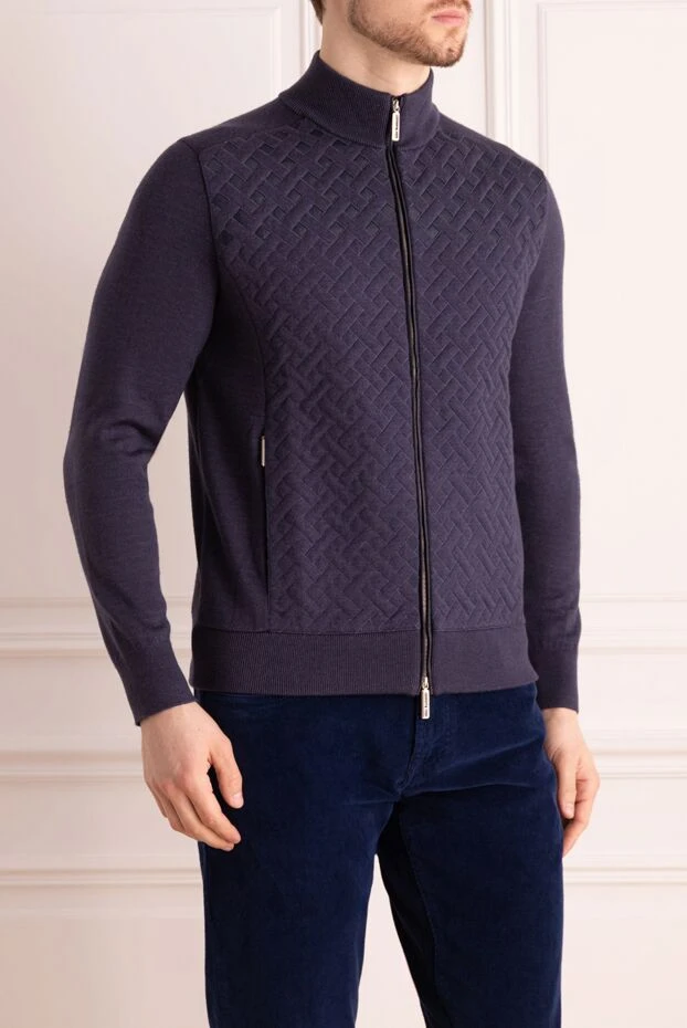 Stefano Ricci men's cardigan made of cashmere, silk and genuine leather blue 172353 - photo 3