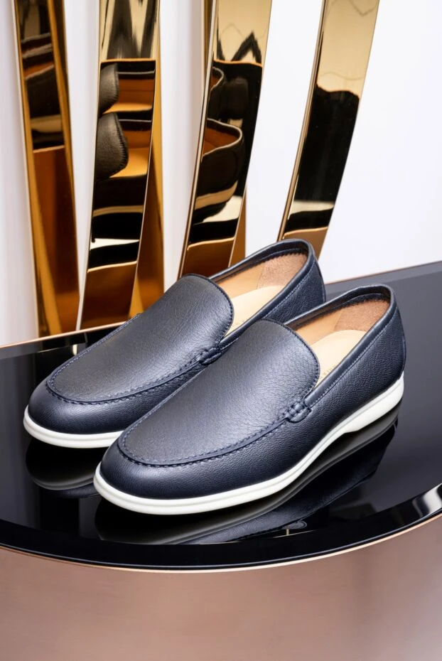 Cesare di Napoli textured blue leather loafers with light sole and dark trim for men 172404 - photo 2