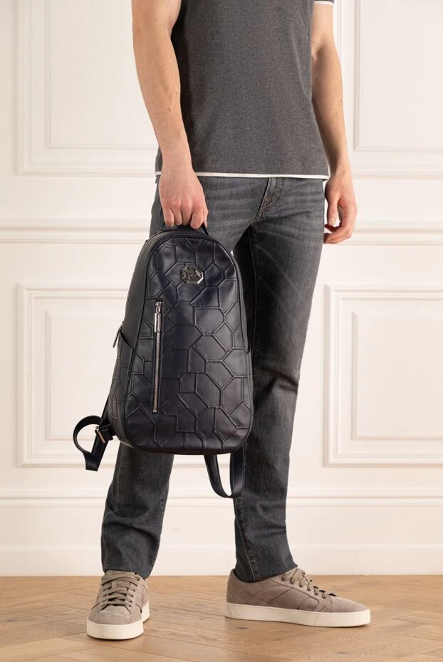 Blue leather backpack for men - photo 2