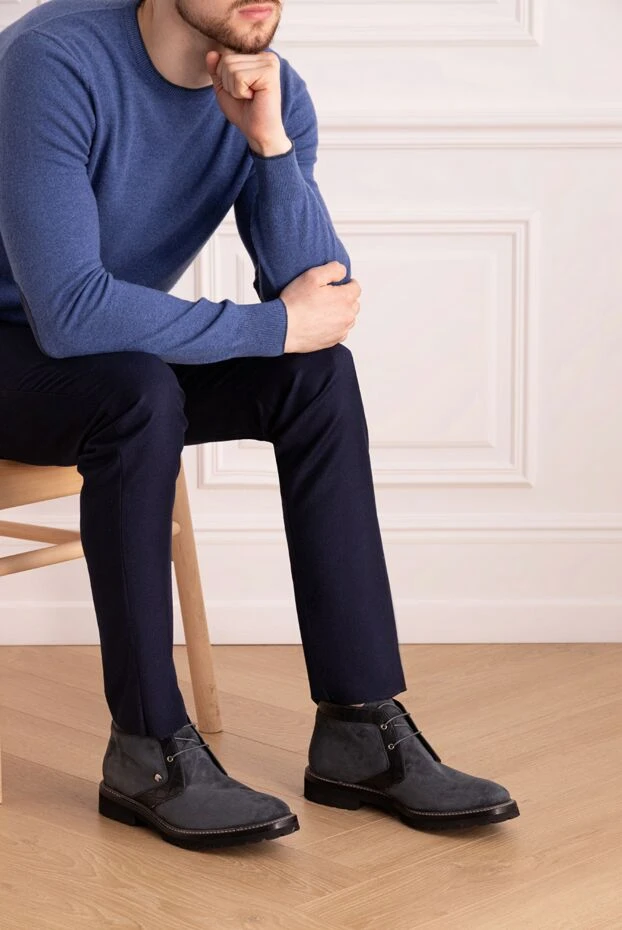 Мужские ботинки из нубука и кожи крокодила синие - фото 2