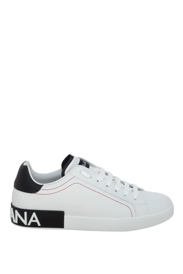 Men's white leather sneakers with black inserts and logo