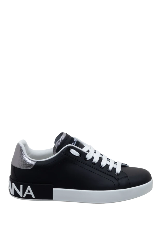 Men's leather black sneakers with silver inserts and logo