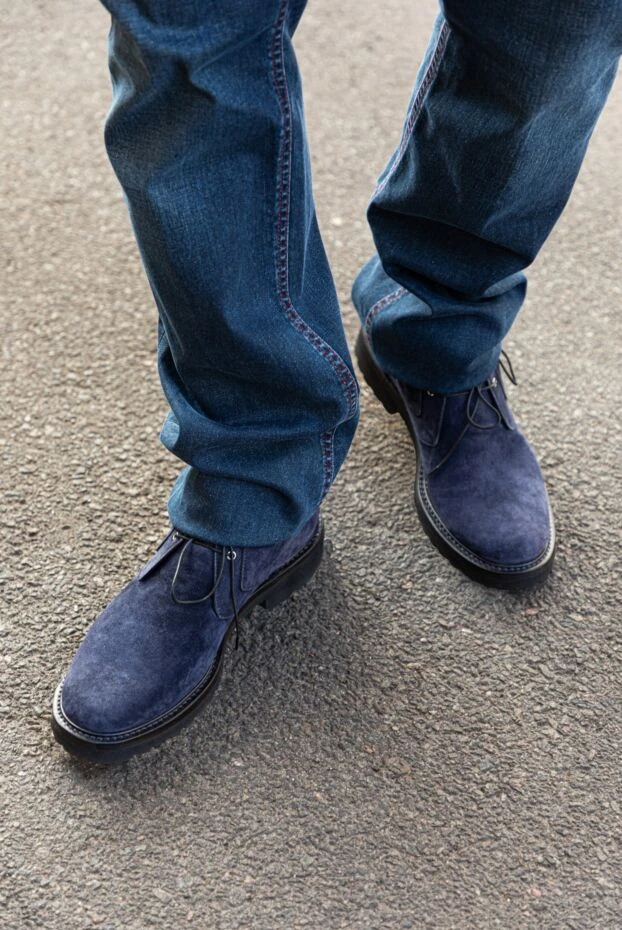 Ботинки мужские синие из нубука с шнурками - фото 2