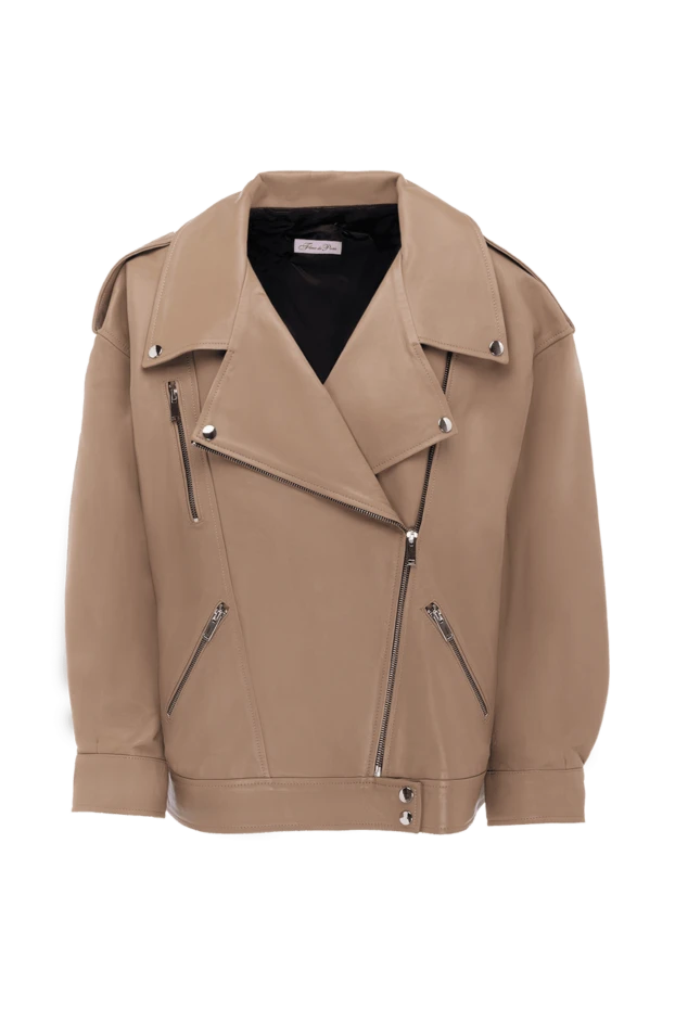 Women's leather beige long jacket with metal elements