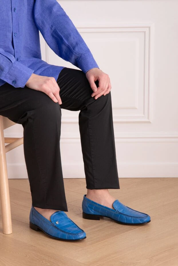 Stefano Ricci лофери чоловічі блакитні з фактурної шкіри та металічним лого 173728 - фото 2