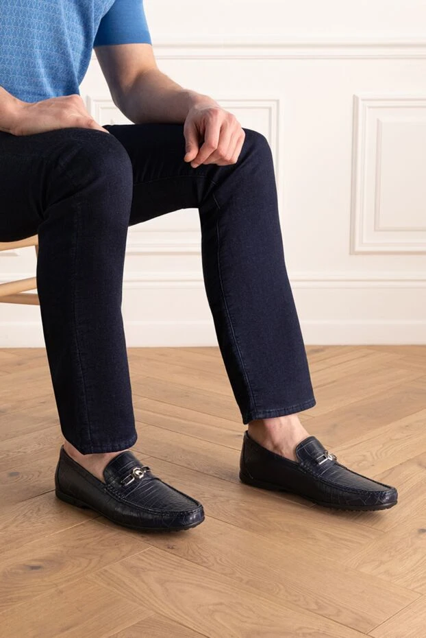 Stefano Ricci лофери чоловічі сині з фактурної шкіри та металічною вставкою 173737 - фото 2