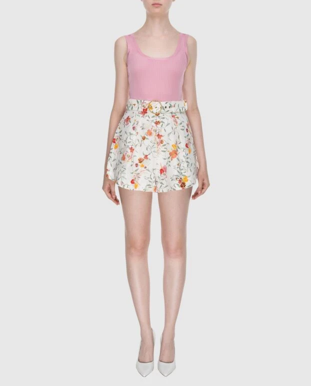 Women's white linen shorts with a floral print belt - photo 2