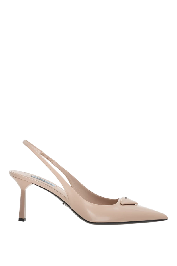 Women's beige leather shoes with a triangular logo