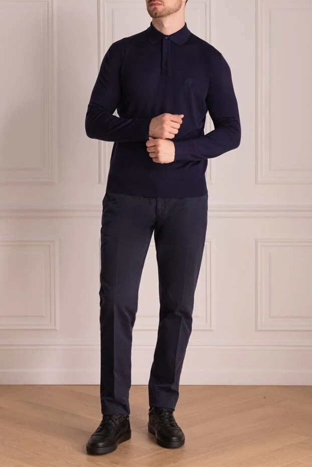 Men's blue woolen polo with embroidered logo - photo 2