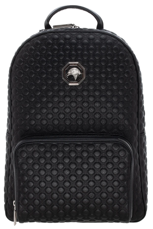 Men's black leather backpack with metal logo - photo 1