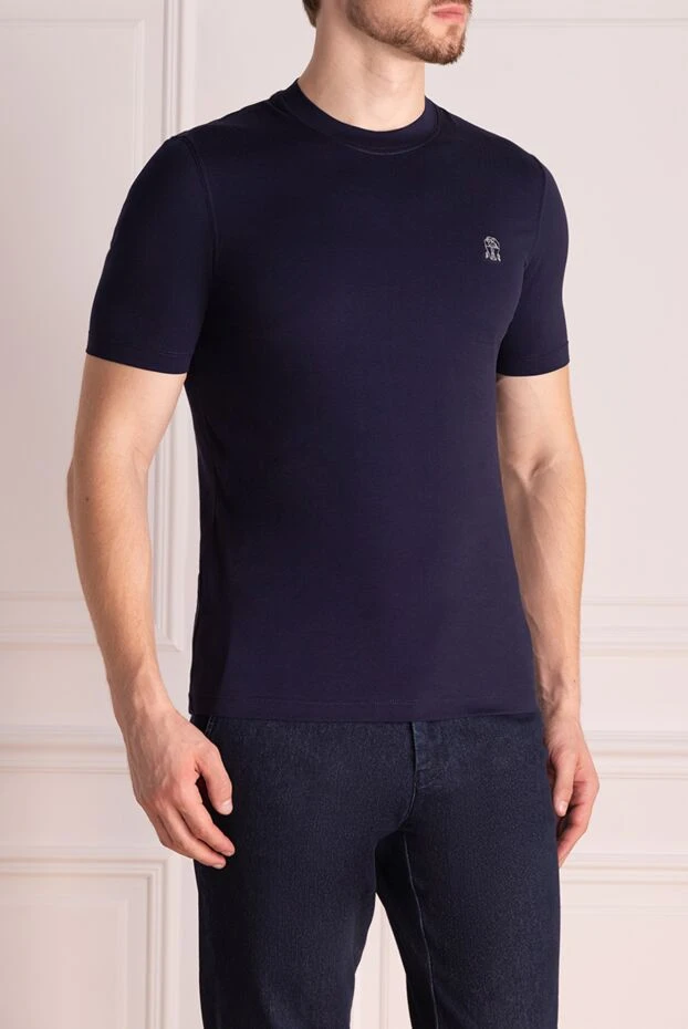 Brunello Cucinelli a blue straight-cut t-shirt with grey trim around the sleeves and neckline 195660 - photo 3