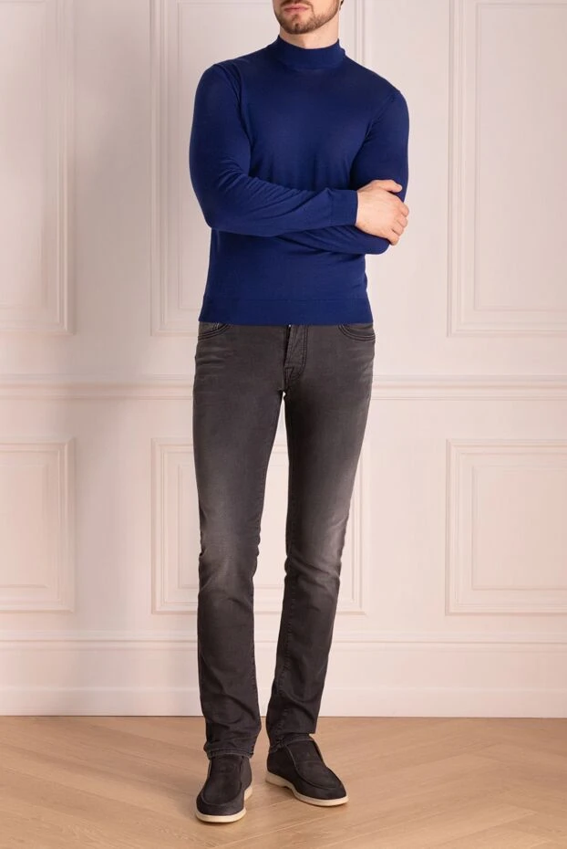 Cesare di Napoli man men's jumper with a high stand-up collar made of wool, blue 174824 - photo 2