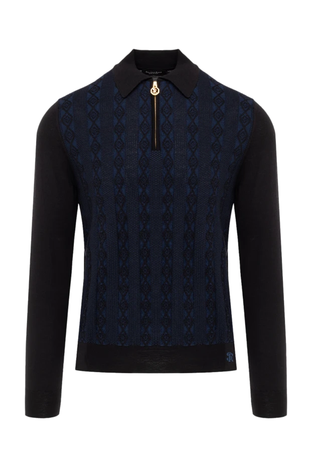 Поло с длинным рукавом мужское синее с черным воротником и рукавами - фото 1