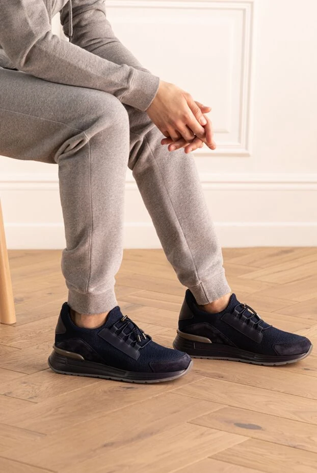 Blue leather and polyester sneakers for men - photo 2