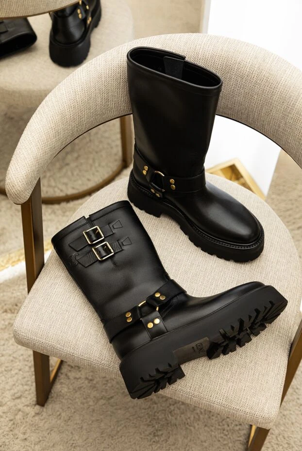 Celine black leather boots with gold-plated buckles on a chunky sole women's 175259 - photo 2