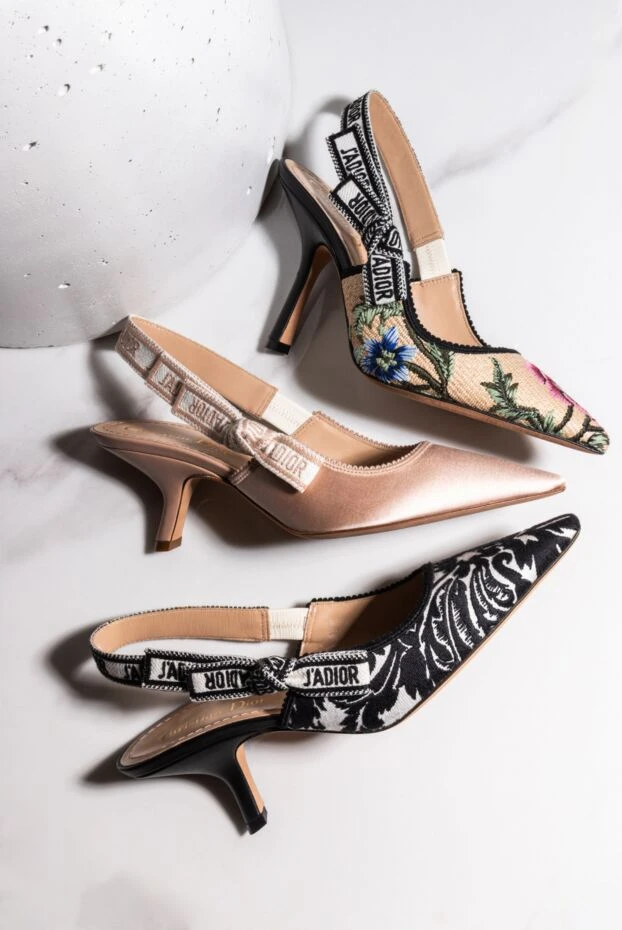 Dior текстильні туфлі з квітами та фірмовою стрічкою на п'яті 175275 - фото 2