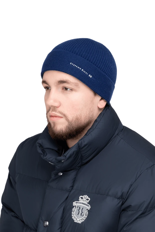 Stefano Ricci чоловіча блакитна шапка в рубчик з вишивкою бренду 175639 - фото 2