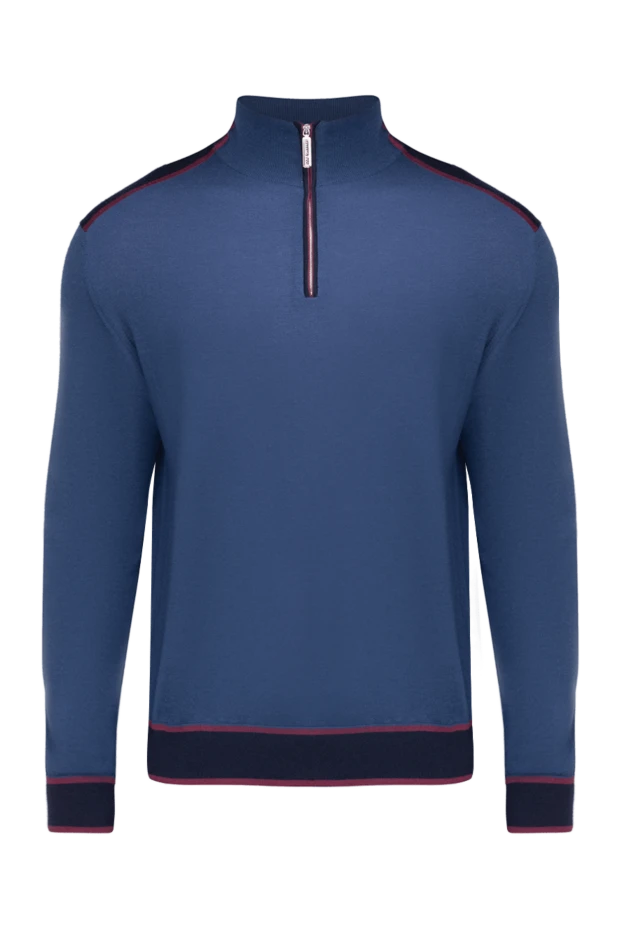 Men's blue cashmere and silk troyer with contrast trim - photo 1