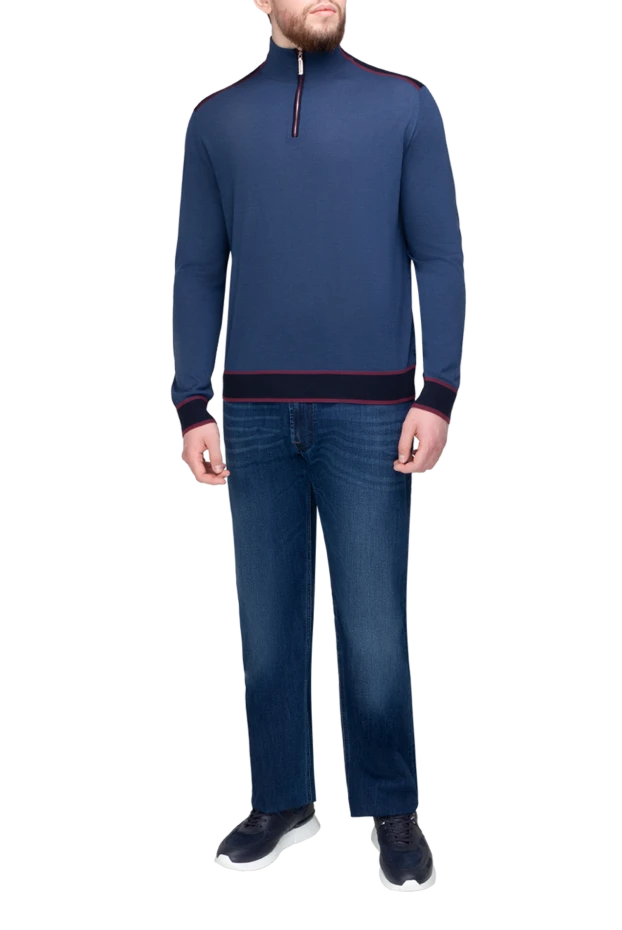 Men's blue cashmere and silk troyer with contrast trim - photo 2
